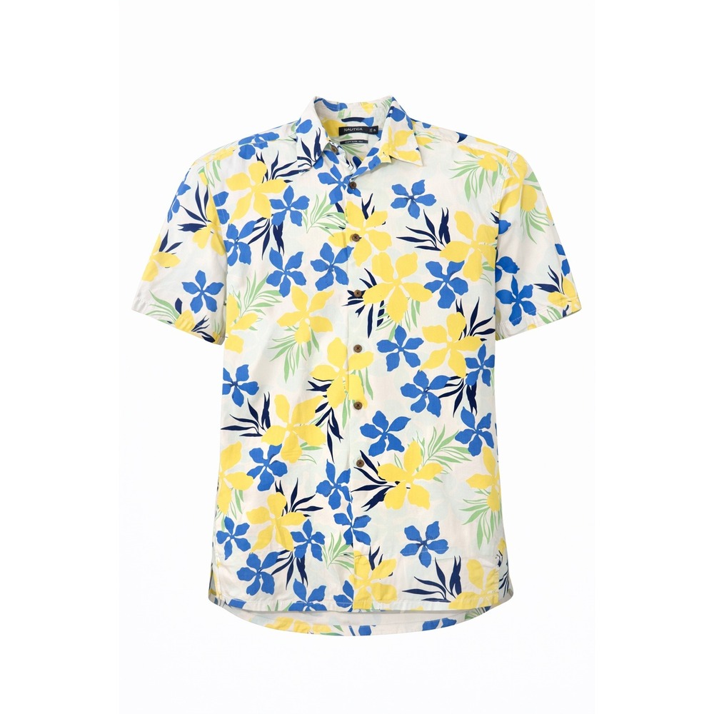 Nautica Mens 100% Silk Aloha‎ Hawaiian Shirt XL Floral Blue Yellow Short Sleeve